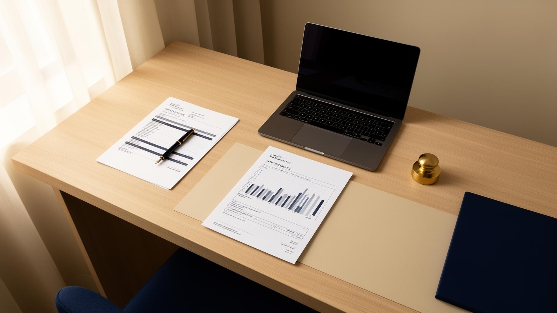 A meticulously arranged consulting workspace with payroll reports and a fountain pen